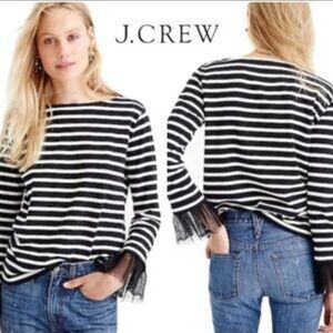 J. Crew Black and White Striped Top Polka Dot Tulle Mesh Wrist Detail Si…